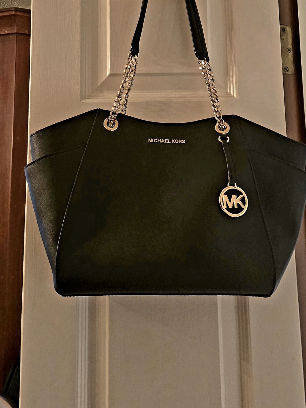 Michael Kors Black Leather Tote with Gold Chain Handles and MK Charm